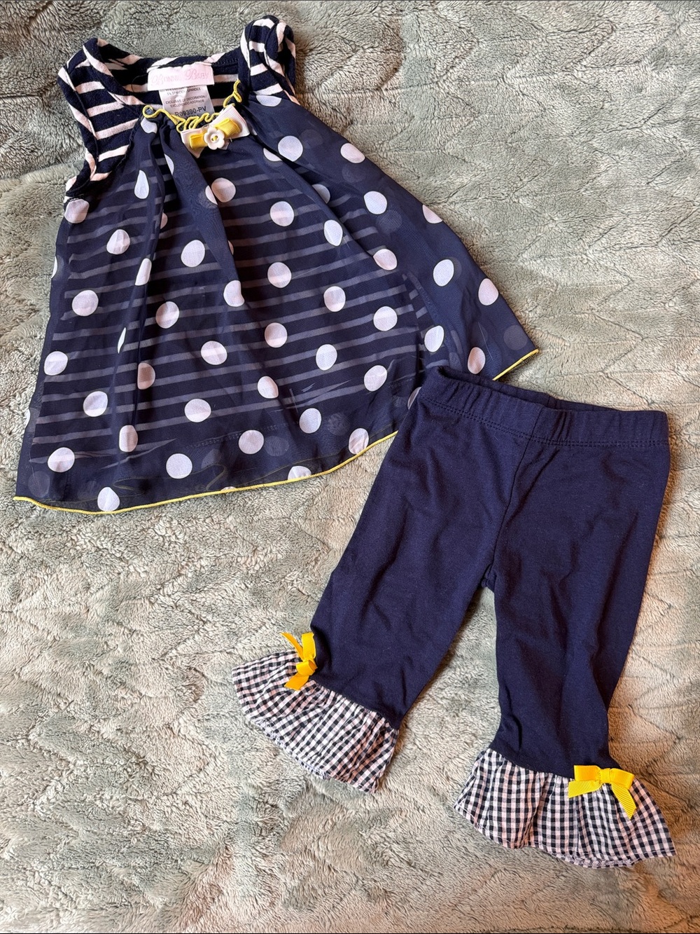 Bonnie Baby Navy and White Polka Dot Dress with Yellow Trim